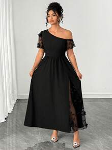 Elenzga Women's Plus Size Spring Summer Autumn Black Long Dress, 3D Floral Mesh Patchwork Knit Fabric, Asymmetrical Shoulder Short Sleeve, Cinched Waist, A-Line, Elegant Casual For Daily Wear, Home, Office, Beach, Vacation, Holiday, Romantic Gathering, Date, Wedding Guest, Party - Multicolor - View 5