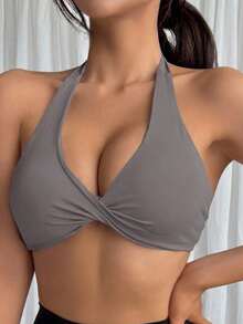 DAZY Solid Color Twist Front Racerback Sports Bra For Women - Grey - View 5