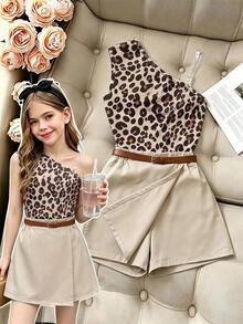SHEIN Tween Girls 2pcs/Set 1 Mini Set Tween Girls Spring/Summer Fashion Old Money Style Versatile Asymmetrical Shoulder Tank Top & Shorts Set, Back To, Fall - Apricot - View 1