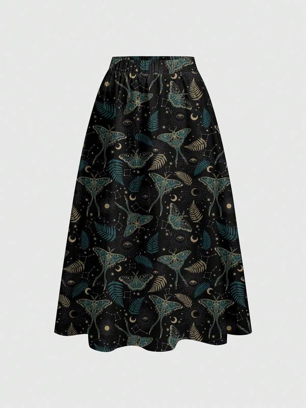 ROMWE Dark Forest Moth Dark Academia Sun Moon Stars Elegant Vacation Gothic Dark Umbrella Skirt Plus Size Skirt