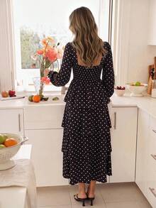 KARISMINA Women's Polka Dot Square Neck Multi-Layer Ruffle Hem Elegant Long Dress,Polka Dot Tiered Maxi Dress, Tiered / Layered,Vacation,Wedding Guest - Black - View 2