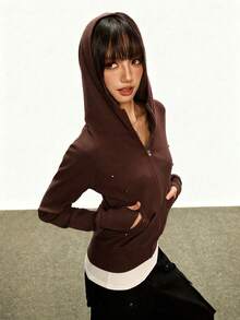 INAWLY 女款純色連帽休閒日常長袖運動衫 - 棕色 - 查看 5