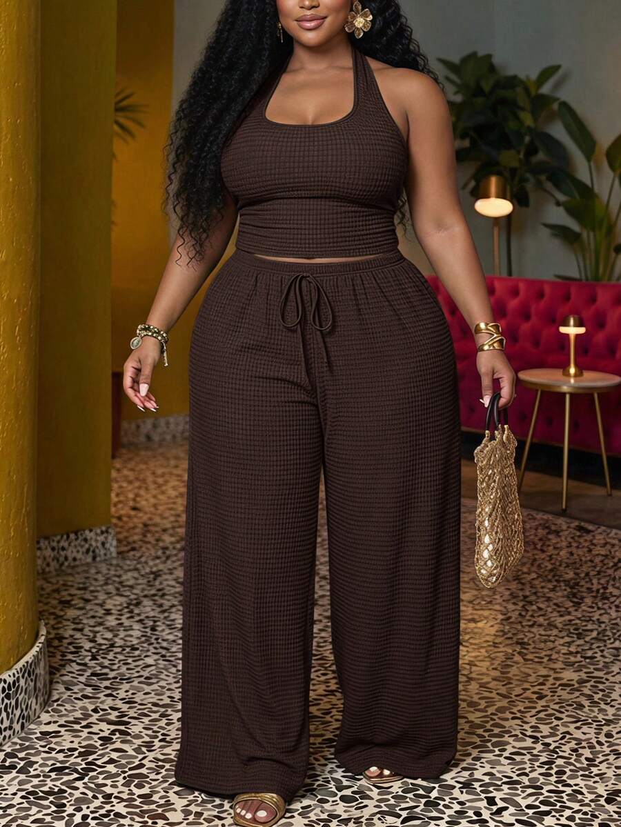 Veslaya Plus Size Women Solid Color Halter Neck Tank Top And Waist Tie Wide Leg Pants Casual 2 Pieces Set - Rust Brown - View 1
