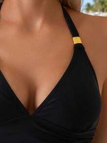 Swim Lushoire Top de bikini sexy con halter y fruncido de unicolor para mujer, ideal para la playa - Negro - Ver 4