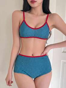 DAZY Setelan Baju Renang Dua Potong Gaya Liburan untuk Anak Perempuan: Atasan Tank Top Berkilau yang Melangsingkan dan Bawahan Bikini Segitiga Warna Kontras - Biru - View 3