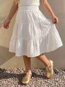 DAZY Young Girl A-Line Loose Elastic Waist Ruffle Hem Skirt - White - View 3
