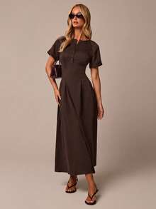 COSMINA Women's Casual Elegant Cinched Waist Deep Blue Commuter Dress - Brown - View 4