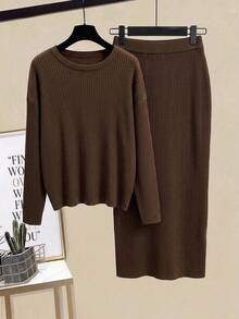 SHEIN LUNE Plus Size Fashion Textured T-Shirt And Long Skirt 2 Pieces Set Back To School Brunch Dinner Going Out Outfits Office Wear For Women Autumn Brown Fall - Coffee Brown - View 8