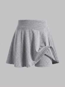 SHEIN 女童純色A字迷你裙，淺灰色與純黑色可選，極簡寬腰頭設計，傘擺下襬，百搭純色簡約百搭，俐落短版剪裁，易於搭配各種上衣，簡約經典 - 彩色 - 查看 4
