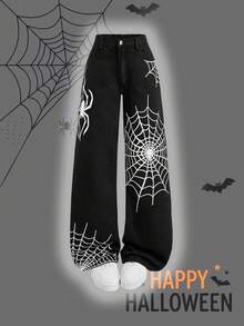SHEIN Girlism Teen Girl Y2k Spider Web Pattern Black Loose Wide-Leg Jeans Halloween And Black To School - Black - View 1