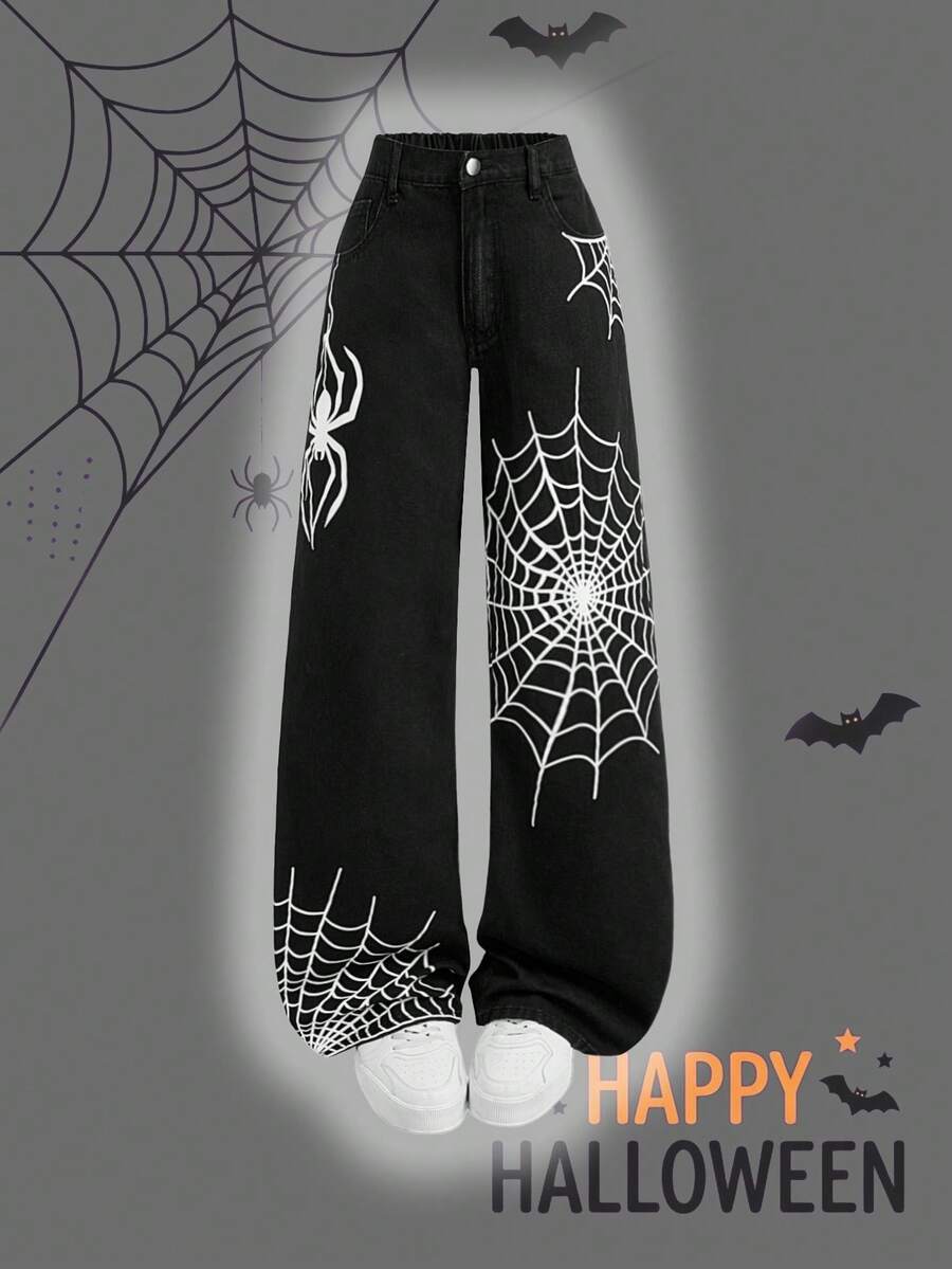 SHEIN Girlism Teen Girl Y2k Spider Web Pattern Black Loose Wide-Leg Jeans Halloween And Black To School - Black - View 1