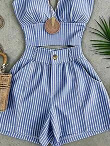 SHEIN Franclia Women's Striped Pleated Top And Shorts Casual Coastal Chic Tropical Daily Mid-Length Vacation Beach Blue And White Stripe Summer - Blue - View 4