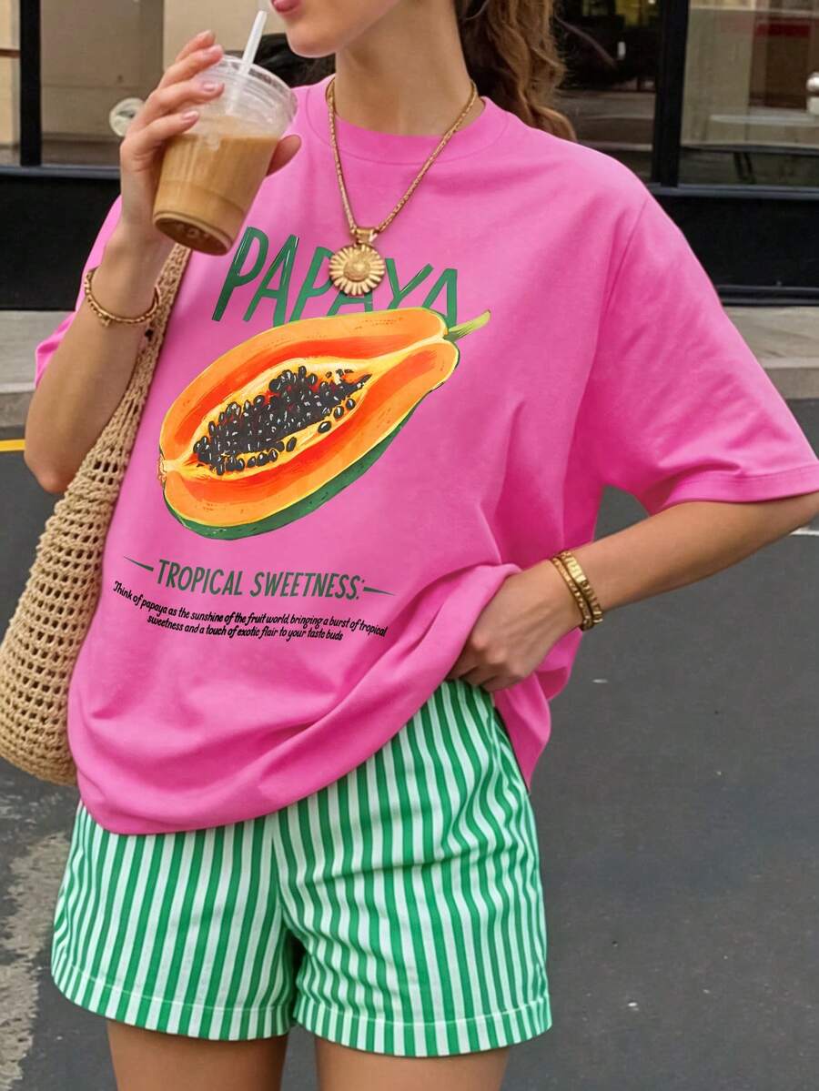 DrmWander 女款寬鬆圓領短袖熱帶木瓜圖案T恤,輕便夏季上衣,適合海灘度假、日常休閒與街頭穿搭 - 彩色 - 查看 1