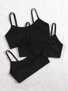 SHEIN Conjunto de 3 piezas de sujetador sin aros de color liso casual acanalado para mujer - Negro - Ver 2
