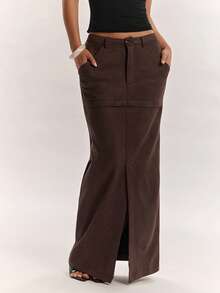 SHEIN BAE Autumn/Winter Commute Suede Low Waist Extra Long Skirt - Brown - View 1
