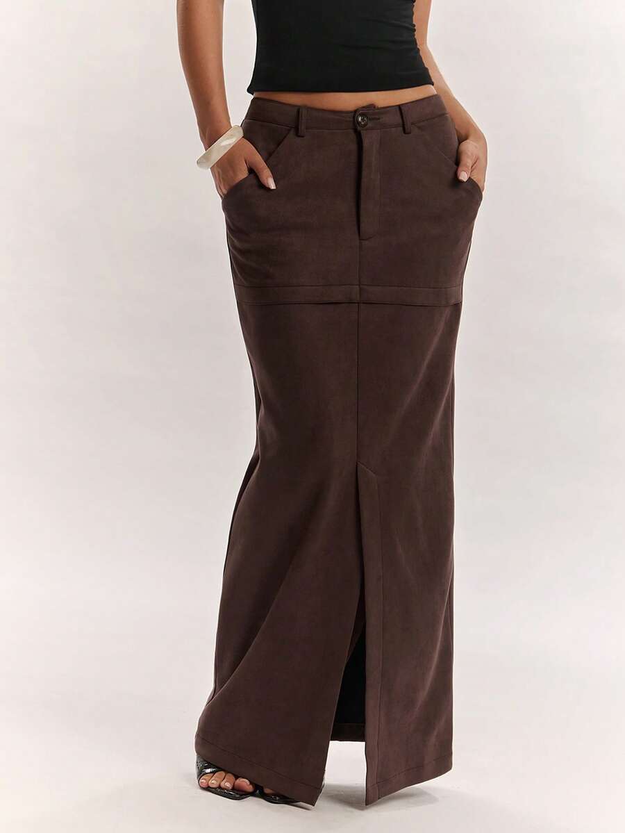 SHEIN BAE Autumn/Winter Commute Suede Low Waist Extra Long Skirt - Brown - View 1