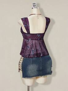 SHEIN ICON 女款全印花百褶休閒日常穿搭上衣 - 紫色 - 查看 2