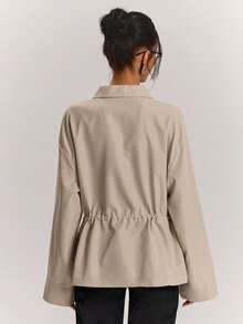 SHEIN BAE Women's Autumn/Winter Daily Commute Versatile Linen Pigment Dyed Lapel Metal Zipper Elastic Cinched Waist Long Sleeve Jacket - Khaki - View 2