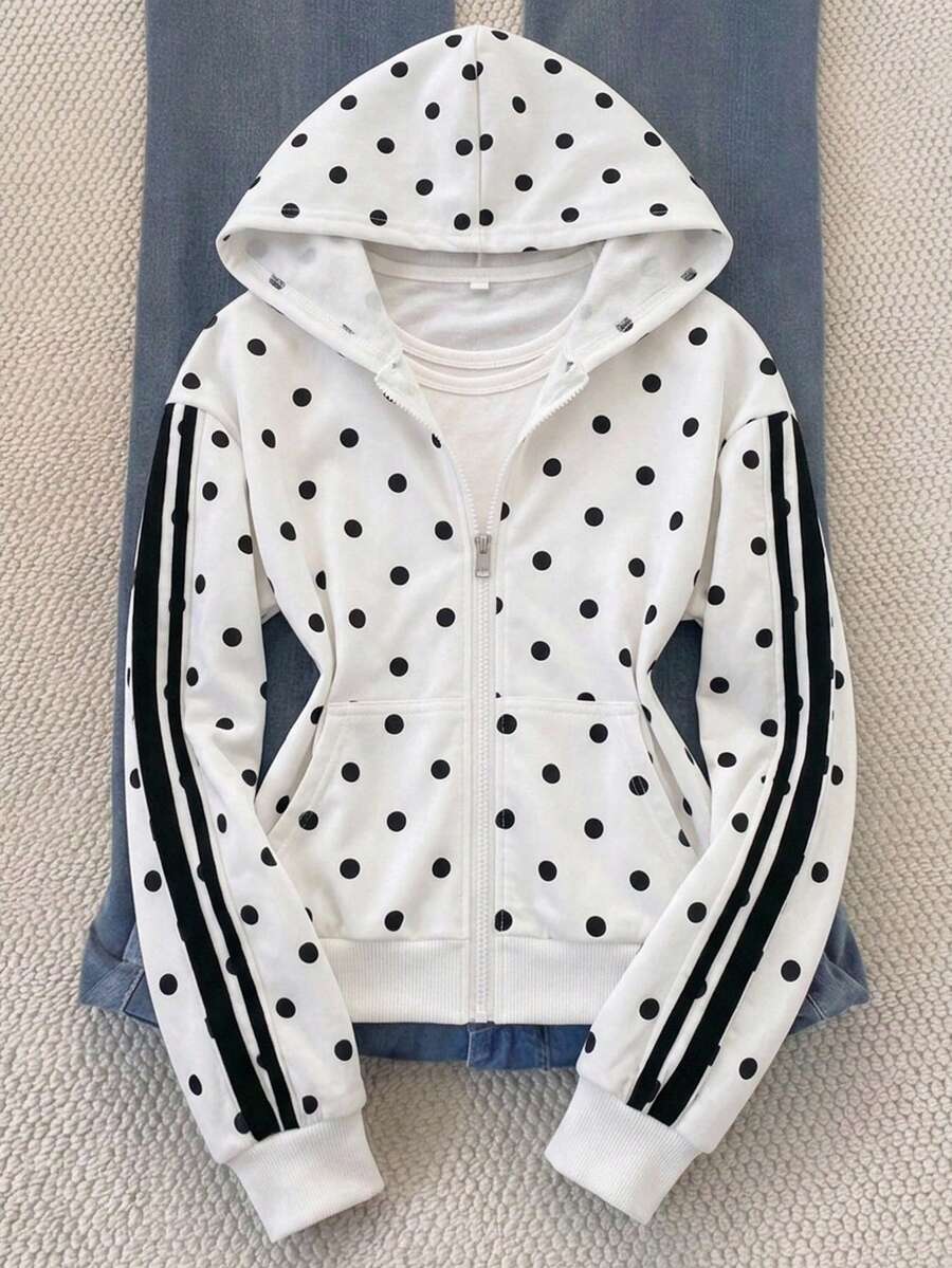 SHEIN 秋冬季青少年女孩波點拉鍊運動外套-混搭街頭風,運動針織面料,適合秋冬穿著,微鬆版型預留成長空間,從校園到街頭瞬間變身活力少女! - 白色 - 查看 1