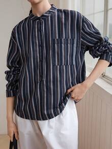 Dazy-Less Women's Loose Casual Cotton Long Sleeve Blue Solid Color Button-Up Shirt With Collar - Blue - View 7