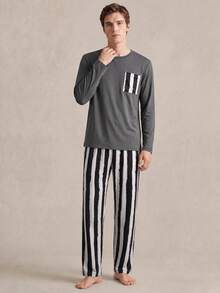 EverLounge Casual Comfortable Minimalist Long Sleeve Men's Loungewear 2 Pieces Set, Suitable For Outdoor Wear - Grey - View 4