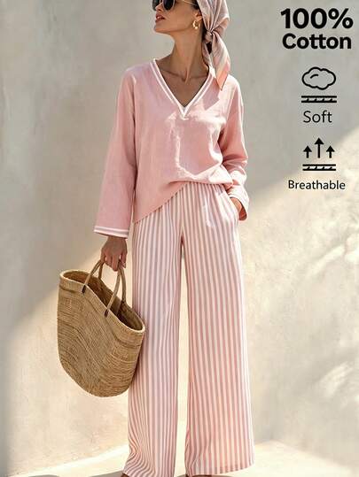 SHEIN Holidaya Spring/Autumn Pure Cotton V-Neck Long Sleeve Contrast Trim Top + Elegant Casual Striped Wide Leg Pants 2-Piece Set, Bohemian Vacation Casual Daily Work Classic Striped 2-Piece Set, Vacation Pants, Vacation Top, Country Women's Clothing, Women's Professional 2-Piece Set, Beachwear, Vacation Outfit Set, Loungewear 2-Piece Set