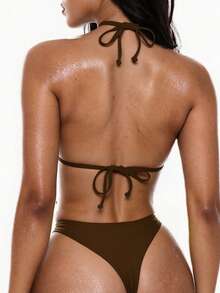 Swim Basics Conjunto de bikini de traje de baño de perlas falsas con sujetador de triángulo y fondo de natación para playa de verano - Café integral - Ver 2