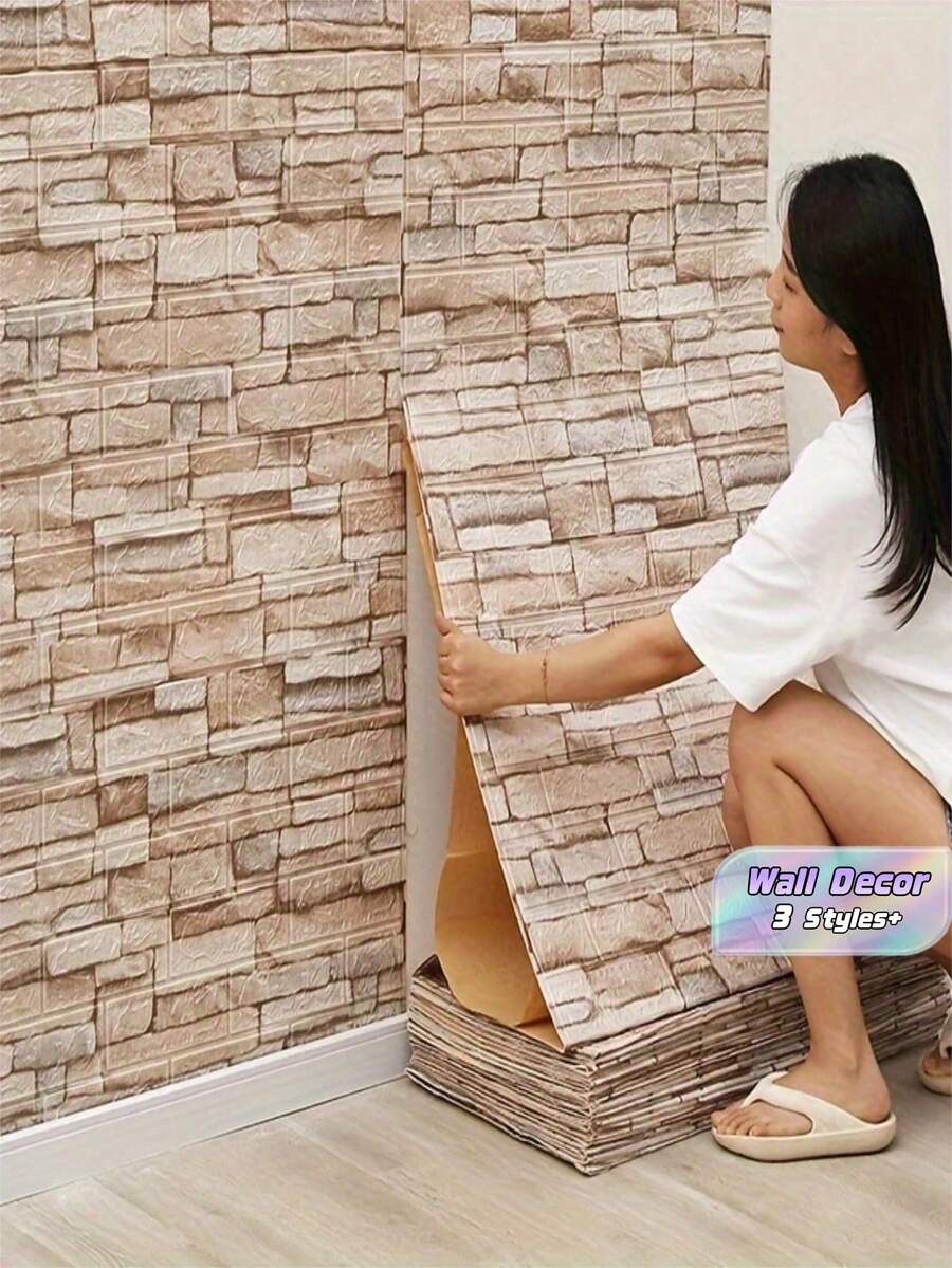 1Roll Ceramic Tile Sticker Easy Apply Peel Off Freely Cuttable For Kitchen Living Room Bathroom Hallway Fashionable Home Wall Decor Room Sticker Wallpaper - Brick yellow - View 1