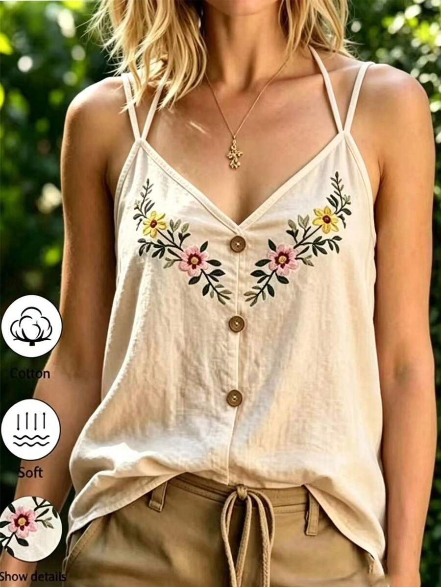 Balvessa 女款棉質刺繡V領鈕扣裝飾雙肩帶背心 - 卡其色 - 查看 1