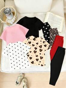 Summer Girls' Creative Leopard Cherry Love Polka Black Bow Pattern Printed Basic Short T Plus Bottom Pants Set Back-To-School School - Multicolor - View 2