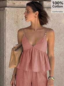 Siren Gaze Women's Solid Color Pleated Cami Top & Long Pants Casual Daily 2 Pieces Set - Dusty Pink - View 6
