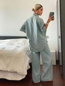 Livesso 女款棉質領口短袖鈕扣開襟淺藍色水洗牛仔上衣與裙子套裝 - 淺色水洗藍 - 查看 2