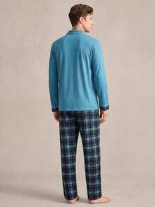 EverLounge 男士格紋拼色經典翻領開襟休閒居家服套裝 - 墨綠色 - 查看 2