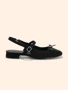 CUCCOO BASICS Elegant Black Knitted Flats For Women Bow Embellished Slingback Design With Adjustable Ankle Strap - Black - View 4