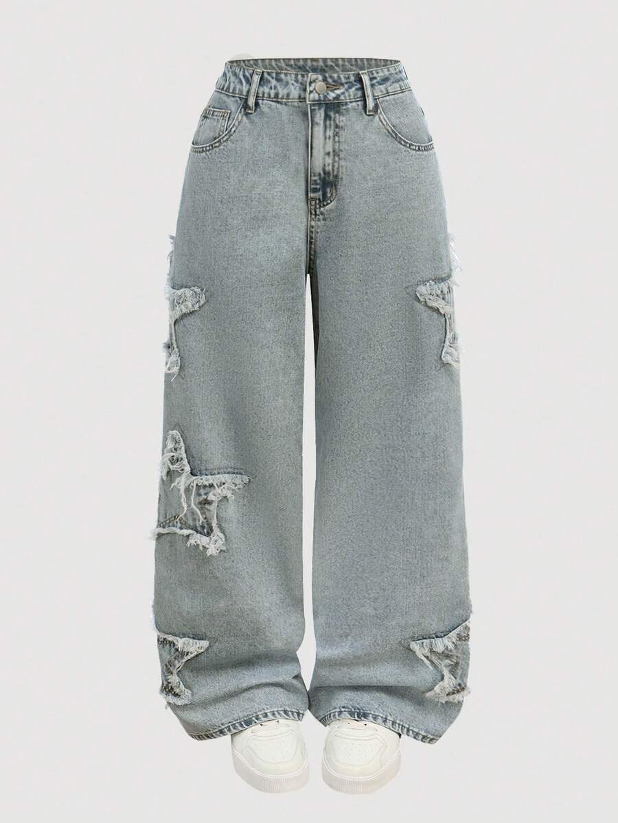 SHEIN MOD Women's Casual Washed Star Patchwork Denim Jeans Fall - Medium Wash - View 1