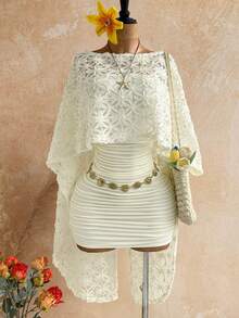 Soleia 2pcs Shawl & Fitted Mini Dress Set, Elegant - White - View 1