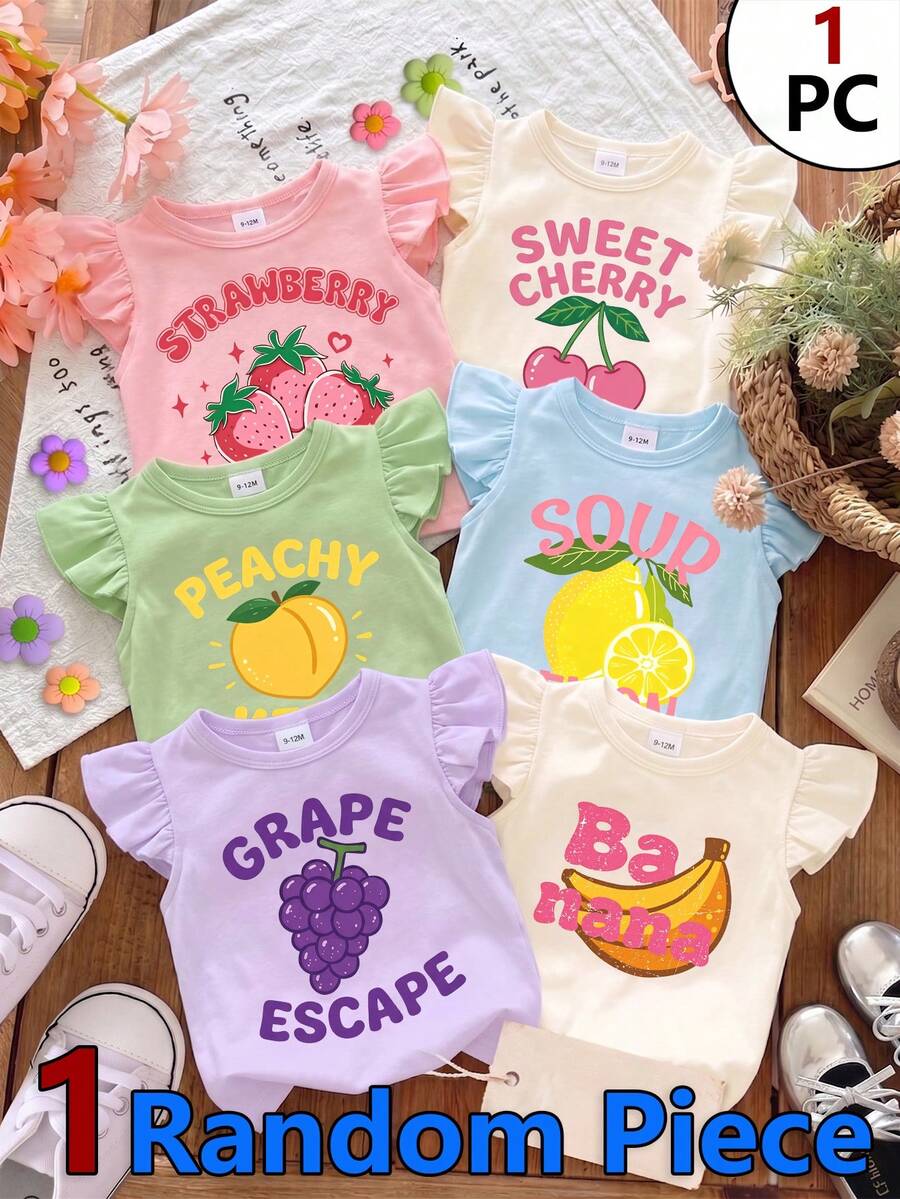 1 buah Atasan Lengan Bergelombang untuk Bayi Perempuan, Gaya Kasual Liburan Musim Panas, Motif Buah dengan Cetakan Huruf, Desain Minimalis Klasik, Modis dan Serbaguna, Cocok untuk Jalan-jalan Musim Panas dan Pakaian Liburan - Berwarna merah muda - View 1