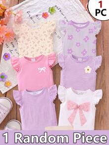 1 buah Atasan Lengan Bergelombang untuk Bayi Perempuan, Gaya Liburan Kasual, Motif Garis, Bunga, dan Pita, Kaos Cetak Warna-warni, Desain Minimalis Klasik, Modis dan Serbaguna, Cocok untuk Acara Musim Panas, Liburan, dan Pakaian Sehari-hari - MultiWarna - View 1