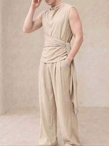 Manfinity Dauomo 301 時尚男士無袖垂領長褲兩件套，230g 健康面料，米色度假夏季日系保守哥德風 - 杏色 - 查看 7