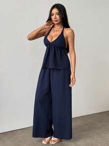 SHEIN PETITE Women's Solid Color Halter Tie Backless Pleated Top And Wide Leg Pants Casual Elegant Sexy 2-Piece Set Petite Night Out Vacation Navy Blue Summer - Navy Blue - View 7