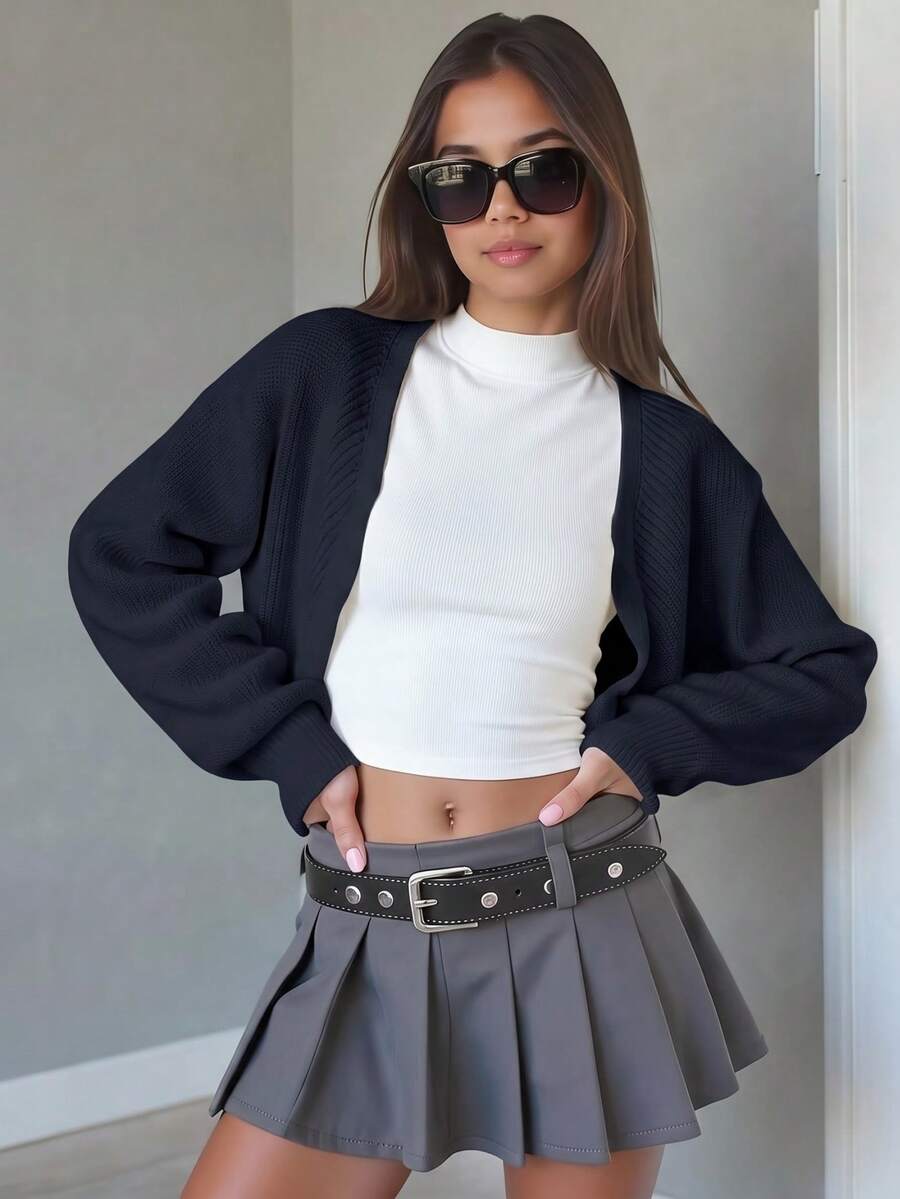 SHEIN Tween Girl Solid Color Long Sleeve Casual Cropped Cardigan - Navy Blue - View 1