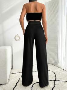 EURMUSE Pantalón palazzo de pierna ancha blanco con detalle de botón - Negro - Ver 6