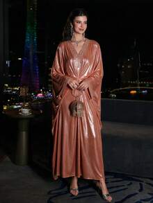 SHEIN Najma Women's Loose Comfortable Rhinestone Embellished Arabian Dress - Burnt Orange - View 2