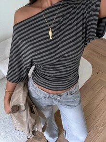 Aloruh Asymmetrical Shoulder Loose Top With Ruched Waist, Minimalist Basic T-Shirt - Black - View 6