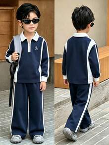 SHEIN 2pcs/Set Boys Minimalist Classic Black & White Matching Outfit, Top With 3D Letter Embroidery, Pants With Cuffed Hem & Patchwork Design, Casual Sporty Style For Daily Wear & School - Navy Blue - View 1
