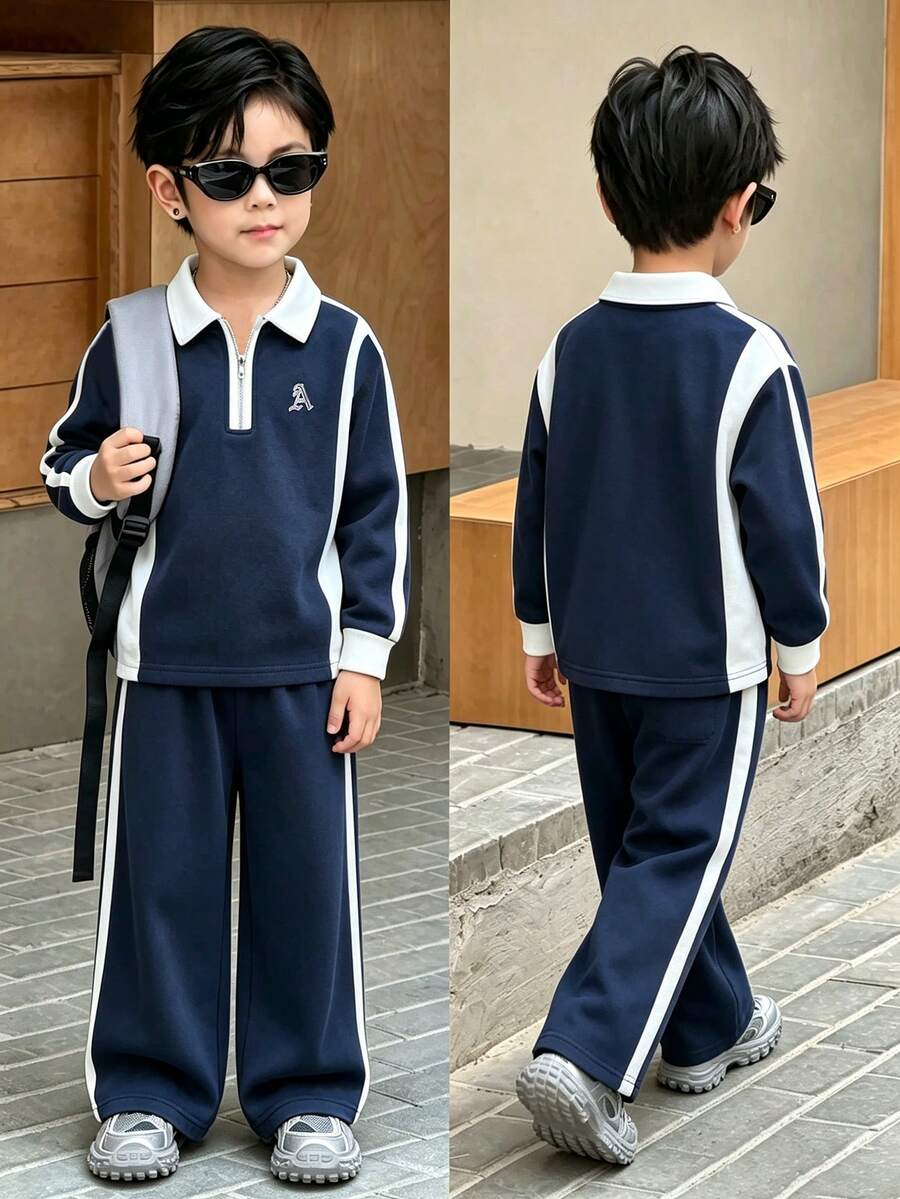 SHEIN 2pcs/Set Boys Minimalist Classic Black & White Matching Outfit, Top With 3D Letter Embroidery, Pants With Cuffed Hem & Patchwork Design, Casual Sporty Style For Daily Wear & School - Navy Blue - View 1