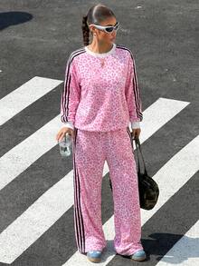 Muchica Pink And White Leopard Print Knit Sweatshirt Sweatpants Set For Women Travel Autumn Athletic Sreetwear - Pink - View 3