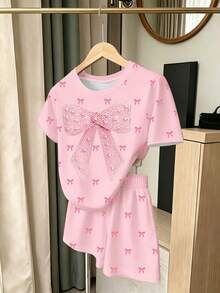 SHEIN 1套隨機盲盒韓系甜美復古豹紋蝴蝶結T恤短褲套裝，適合青少年女孩，適用於學校、日常穿著、外出、派對、拍照、夏季 - 彩色 - 查看 4