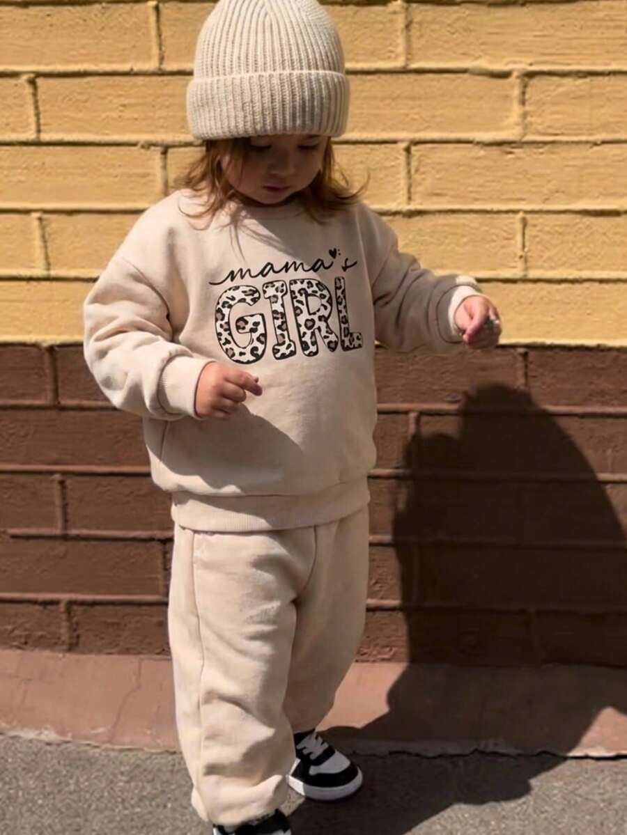THE HAPPY LOOK 2pcs Young Girl Letter Print Knit Soft Crew Neck Long Sleeve Sweatshirt And Elastic Waist Pants Set,Autumn,School,Back-To-School Winter Comfy Outfit - Khaki - View 1