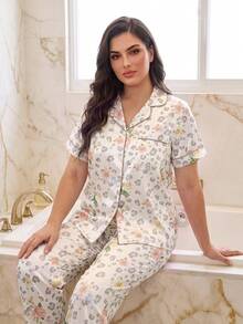 MuseNap CURVE Floral Faux Silk Open Front Shirt Style Plus Size Pajama Set Night White Summer - Multicolor - View 4